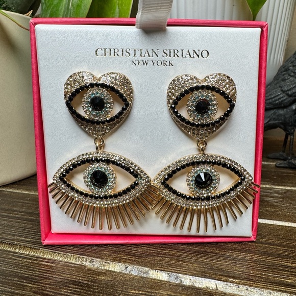 Christian Siriano Gold and Black Rhinestone Heart Eye Statement Earrings - Picture 1 of 4